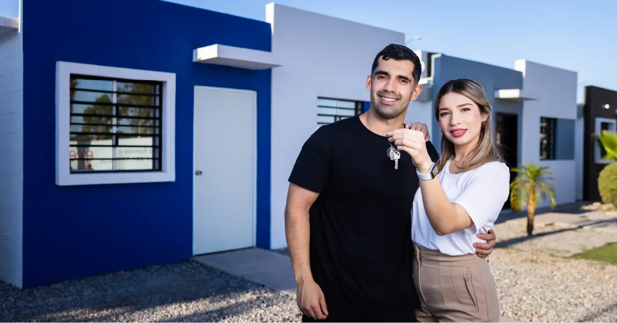 Pareja feliz estrenando su nueva casa en EXE.